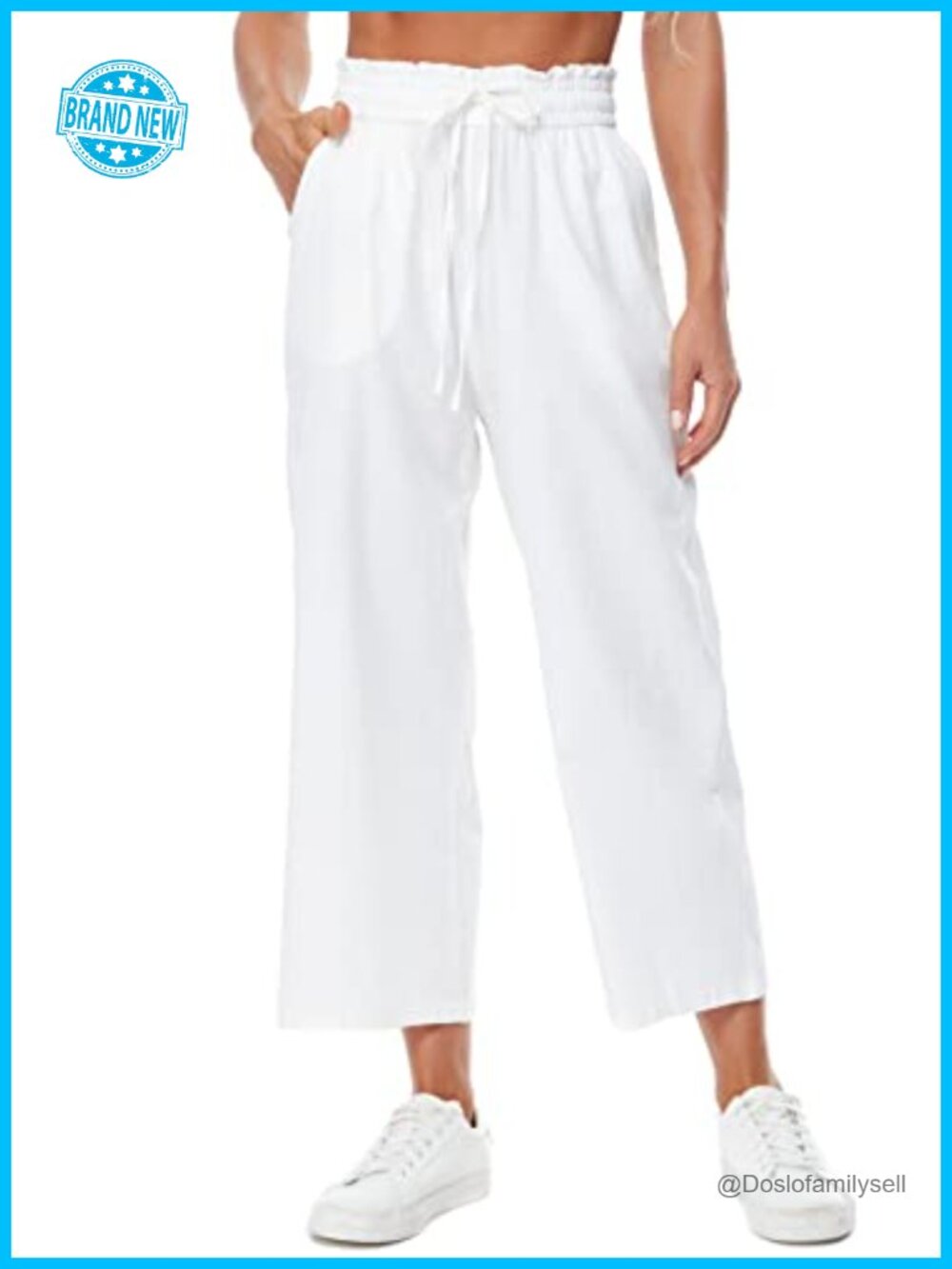 Womens Linen Wide Leg High Waisted Drawstring Palazzo Pants with Pockets